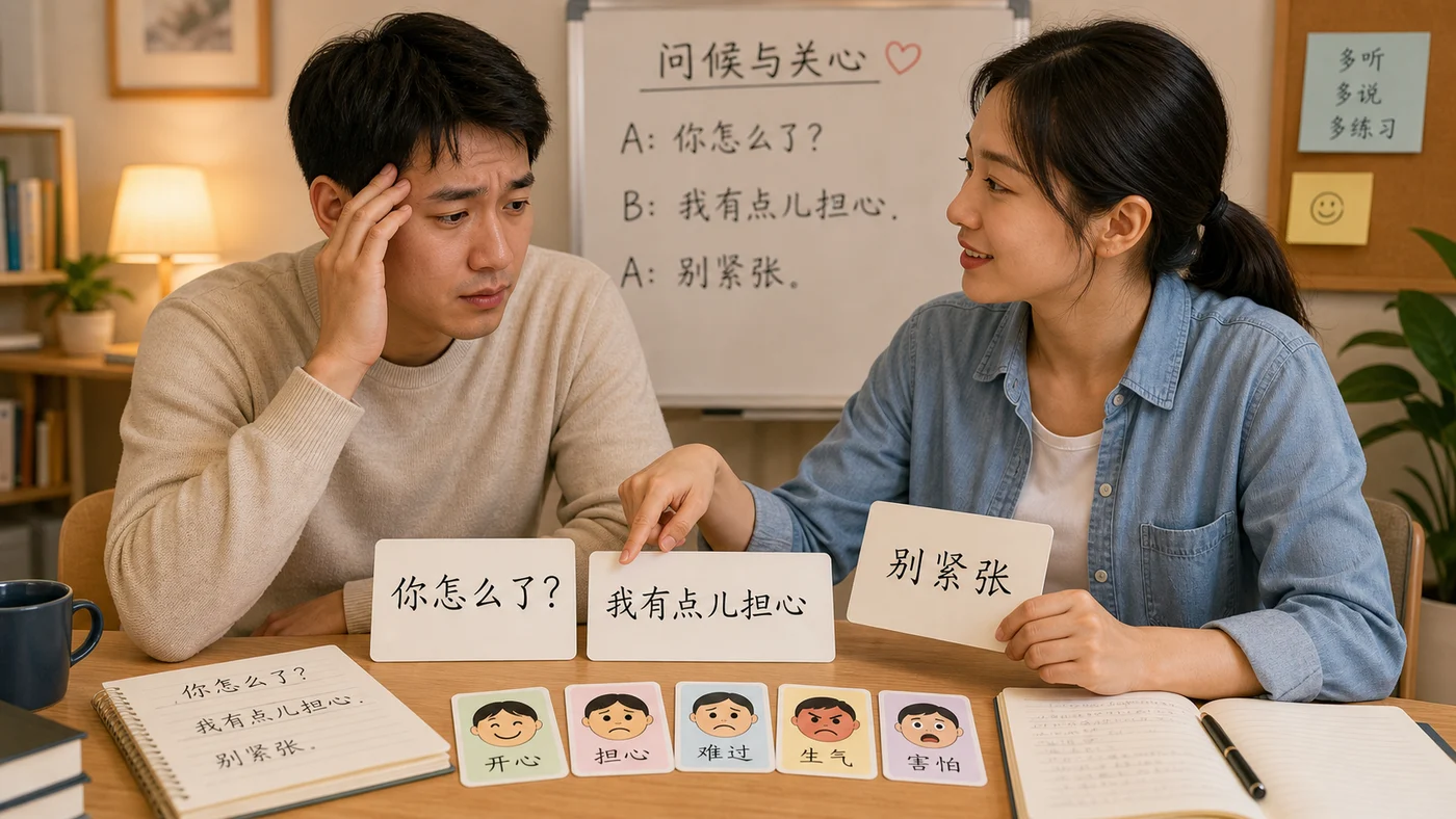 Hai người học tiếng Trung luyện hội thoại hỏi thăm cảm xúc bằng các mẫu câu đơn giản