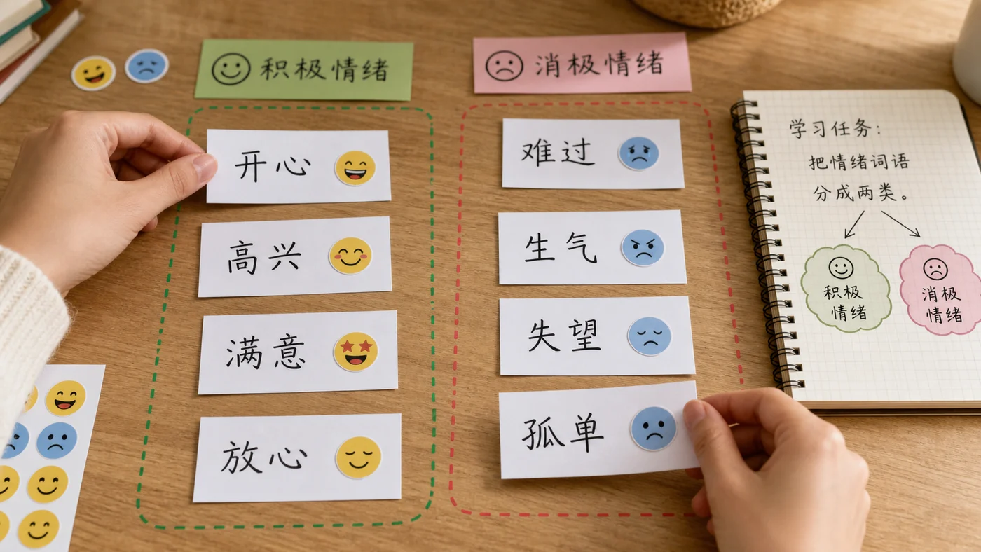Các thẻ từ vựng tiếng Trung về cảm xúc tích cực và tiêu cực đặt thành hai nhóm