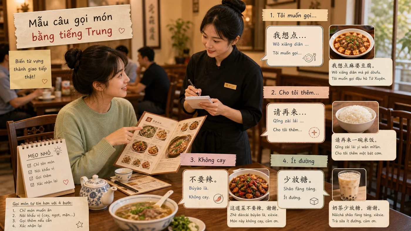 Tình huống gọi món bằng tiếng Trung trong nhà hàng với menu và mẫu câu