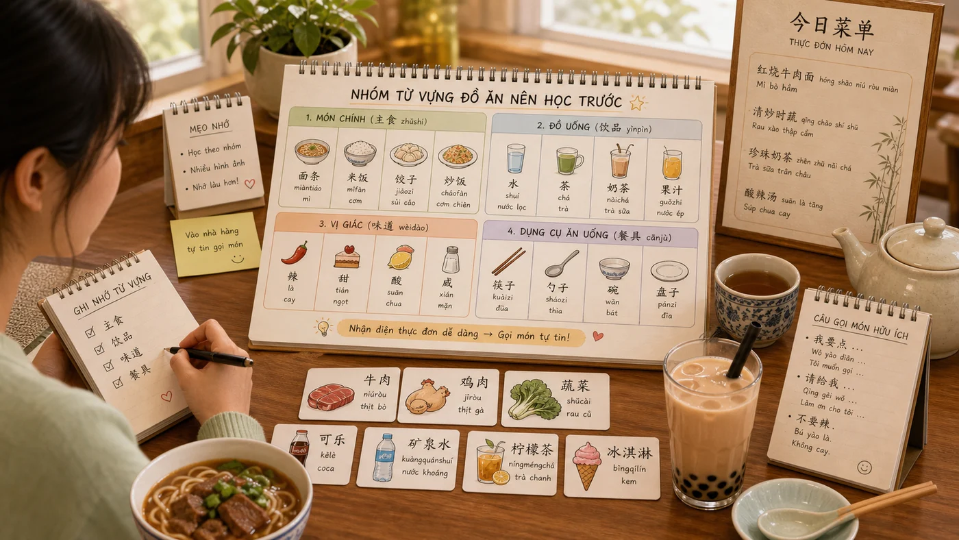 Nhóm từ vựng tiếng Trung về đồ ăn đồ uống vị giác và dụng cụ ăn uống