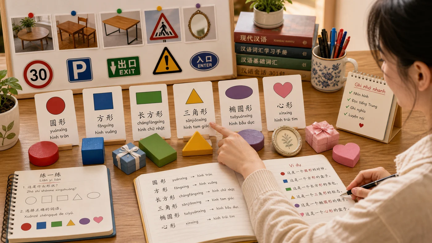 Từ vựng tiếng Trung về hình dáng tròn vuông chữ nhật tam giác bầu dục