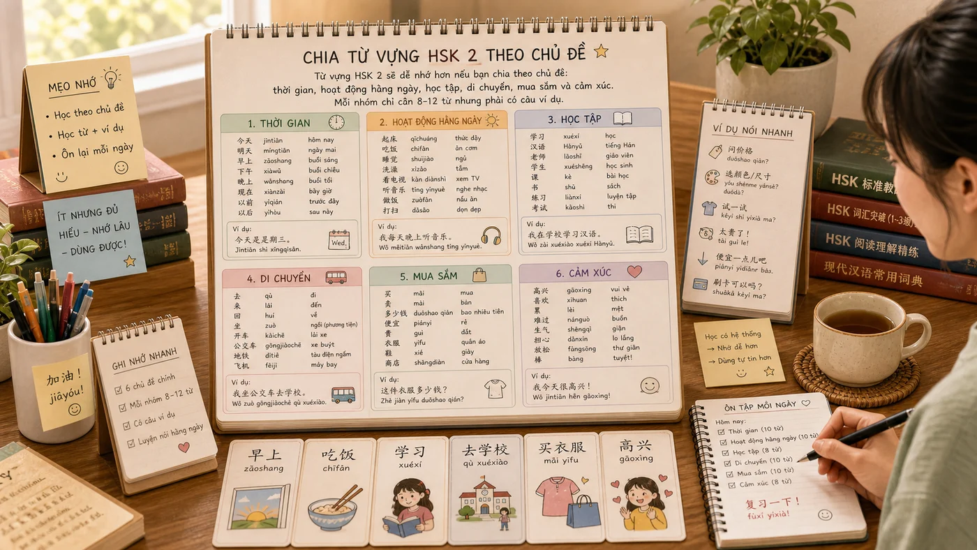 Từ vựng HSK 2 được chia theo nhóm chủ đề thời gian học tập di chuyển mua sắm cảm xúc