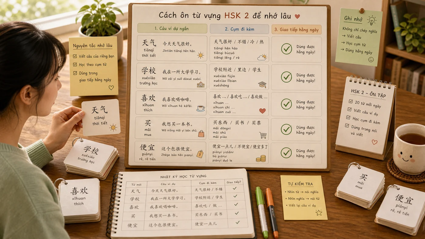 Cách ôn từ vựng HSK 2 bằng câu ví dụ cụm đi kèm và ghi chú giao tiếp
