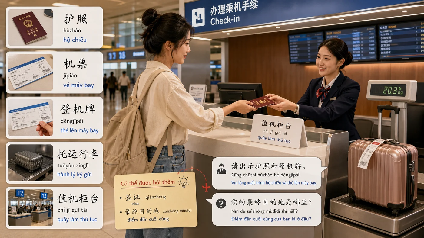 Từ vựng tiếng Trung ở quầy check-in sân bay với hộ chiếu vé máy bay và hành lý