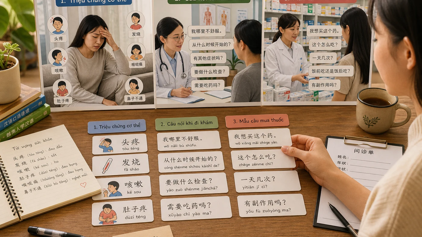 Từ vựng tiếng Trung về sức khỏe: triệu chứng, khám bệnh và mua thuốc minh họa phần kiến thức cốt lõi
