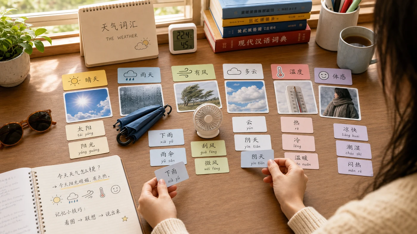 Đồ vật và thẻ học minh họa nhóm từ vựng tiếng Trung về thời tiết