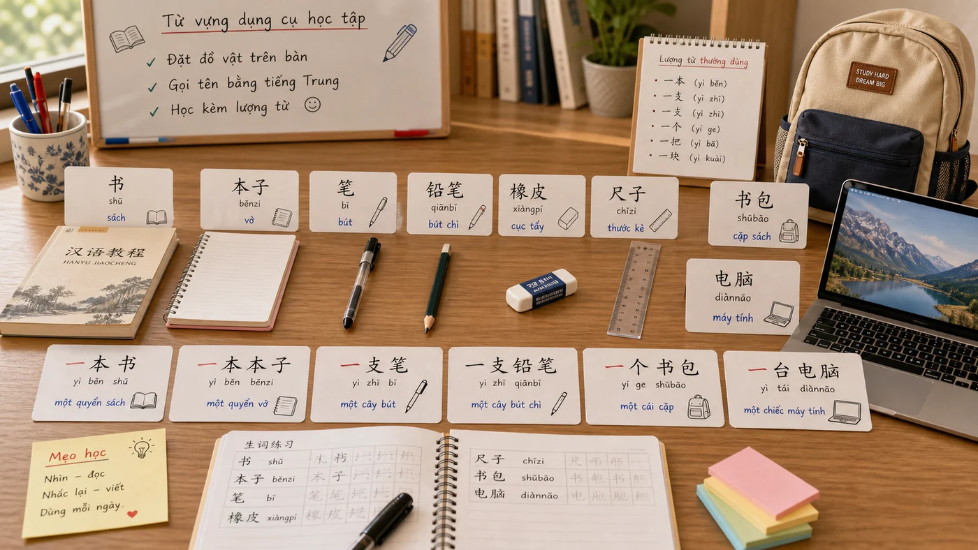 Từ vựng tiếng Trung về dụng cụ học tập sách vở bút thước cặp sách