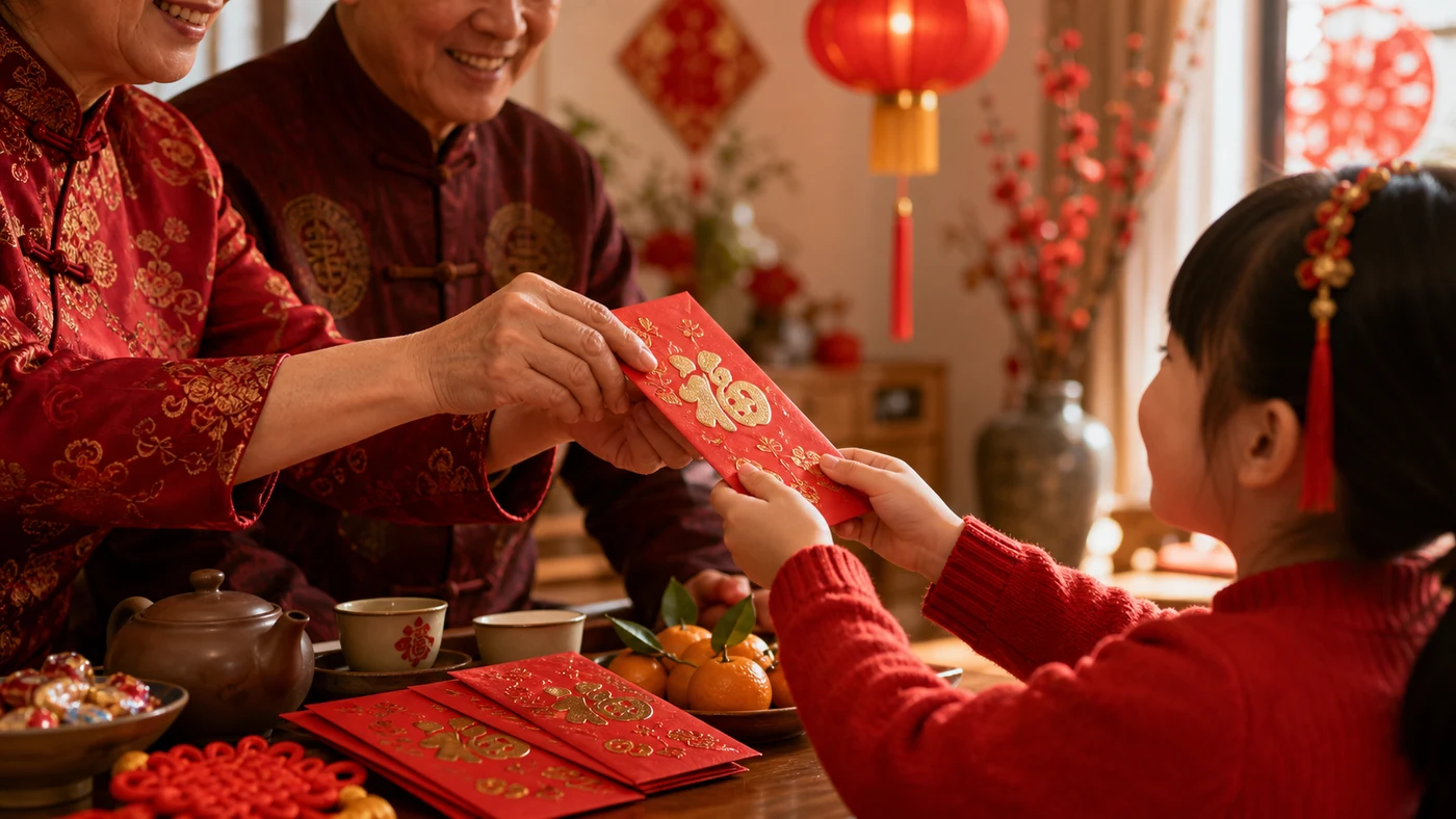 Bao lì xì đỏ trên bàn trà Tết tượng trưng cho lời chúc may mắn